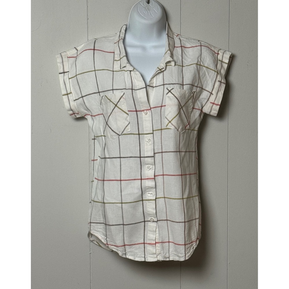 Mod Boutique Women's White Plaid Linen Rayon Button Down Cap Sleeve Shirt Size S